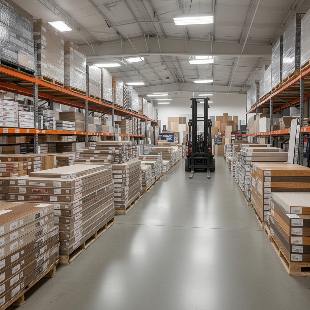 TazMaterials warehouse with stacked flooring inventory
